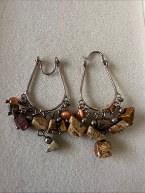 Brown chipped stone on silver dangle earrings